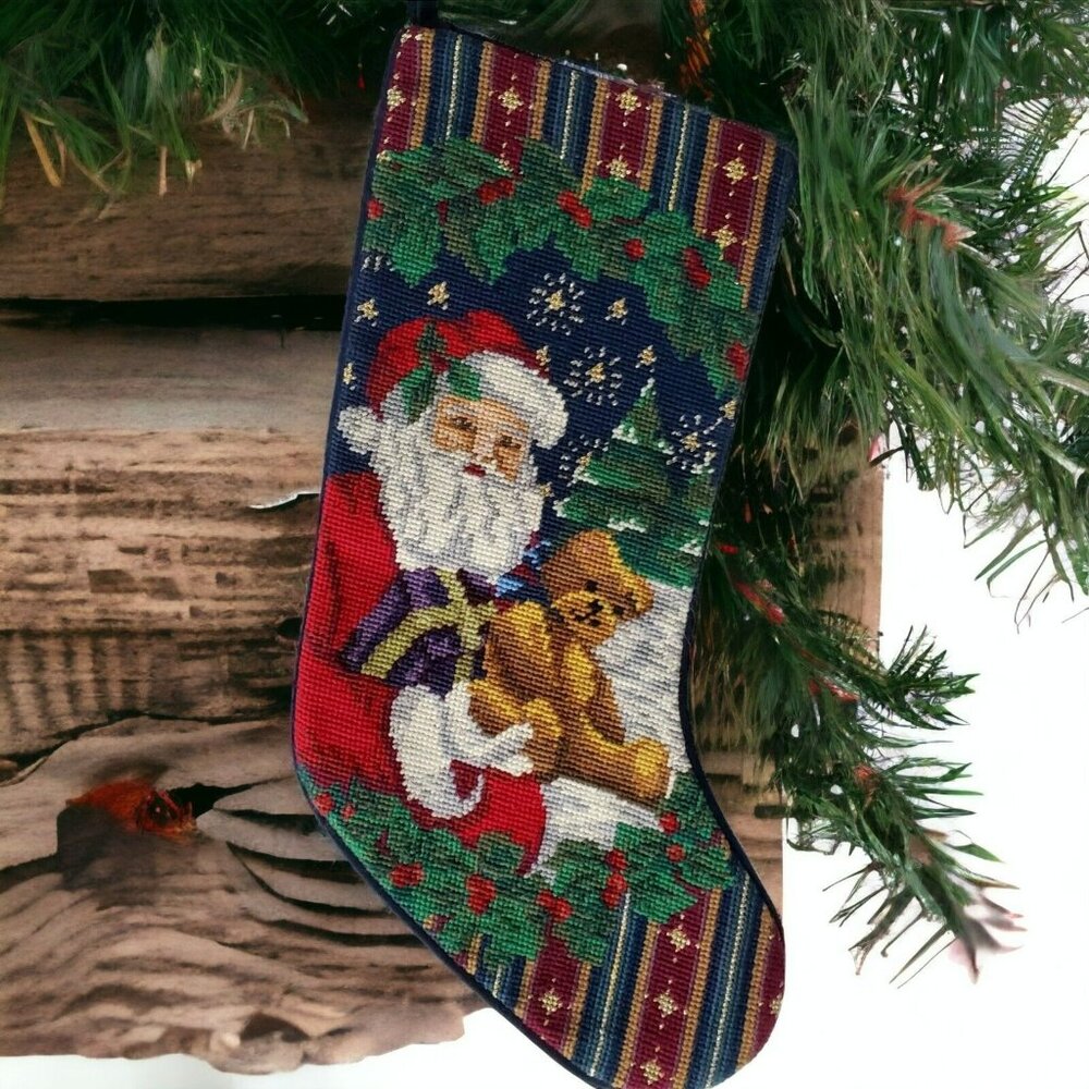 Santa Needlepoint Christmas Stocking Wool Teddy Bear Tree Holly Blue Velvet 18"